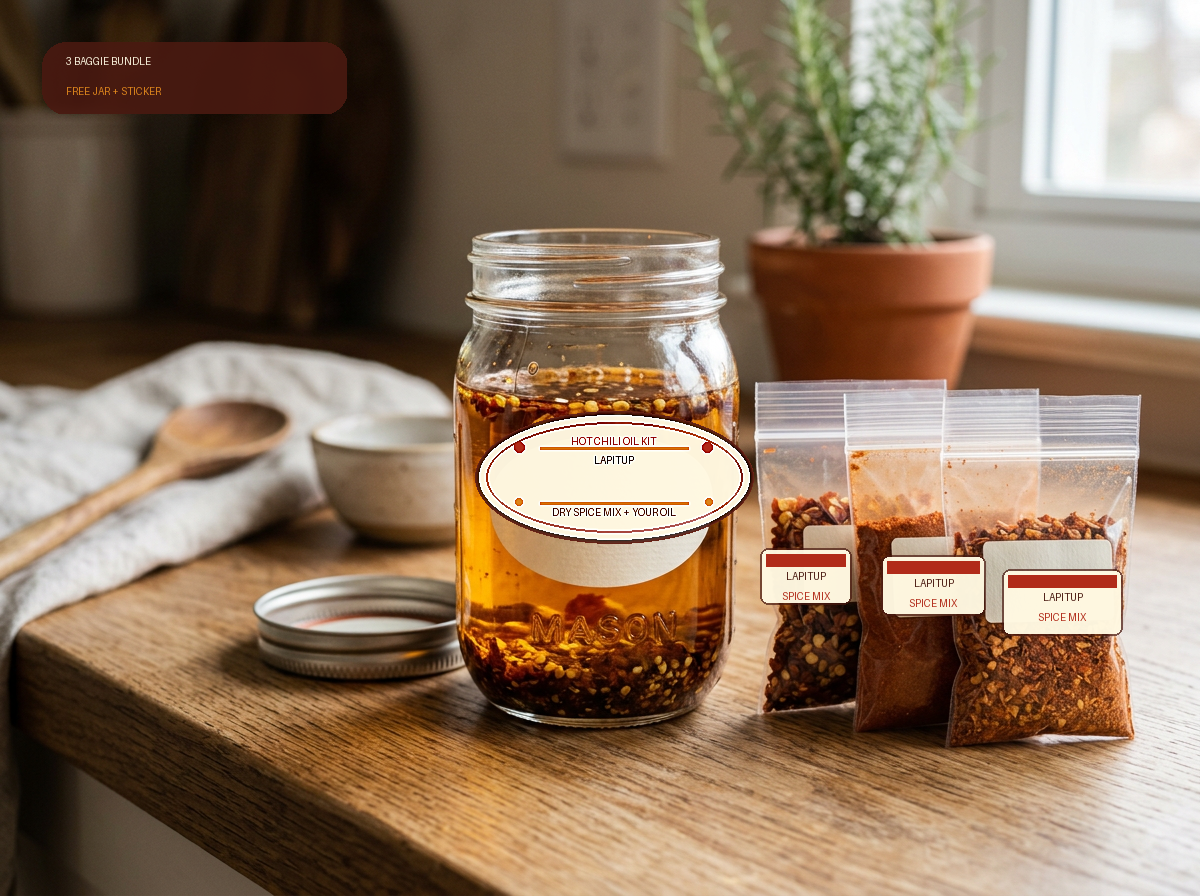 Lapitup 3 baggie bundle with finished chili oil in a branded wide-mouth mason jar and three spice mix baggies